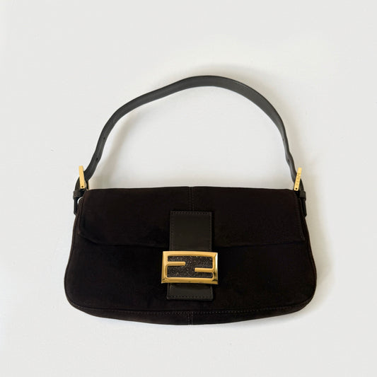 Fendi Brown Suede Baguette w/ Sparkle Plaque Shoulder Bag