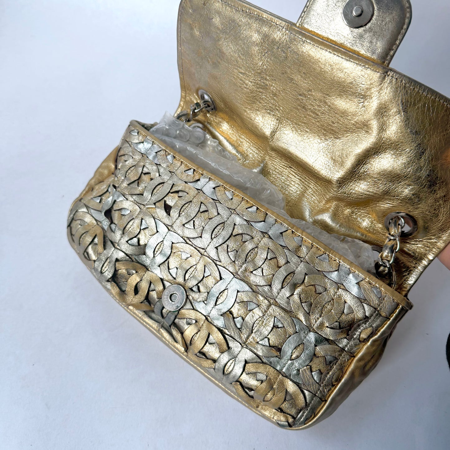 RARE Chanel Gold Metallic CC Cutout Lambskin Medium Flap