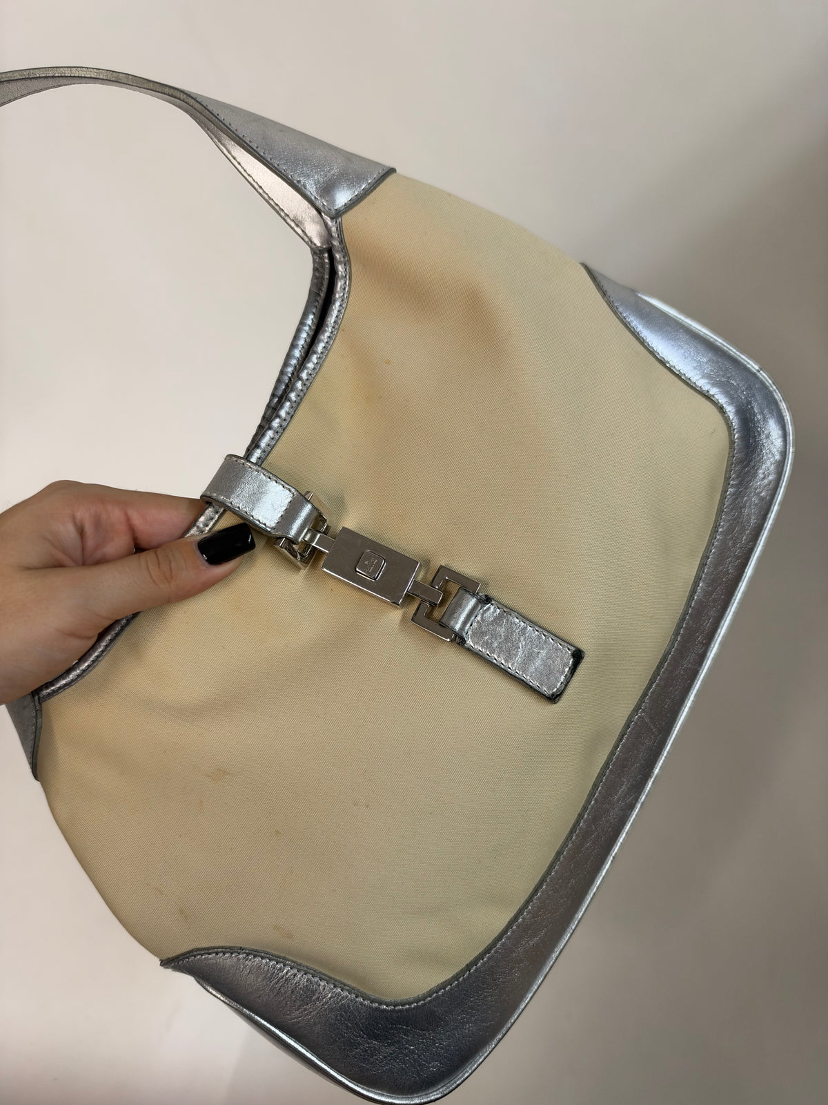 Gucci Beige Canvas & Silver Leather Jackie Bardot Shoulder Bag