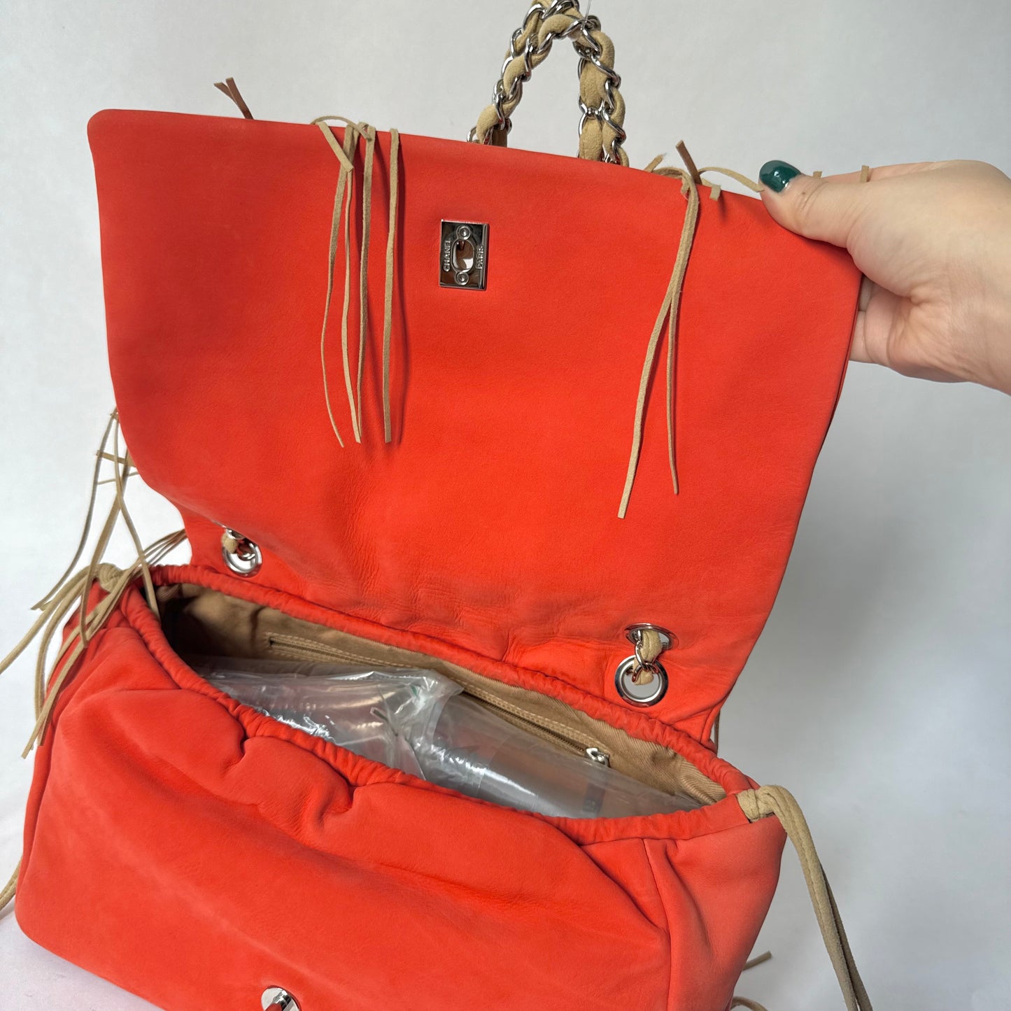 Chanel Orange Suede Perforated Fringe Flap Shoulder Bag