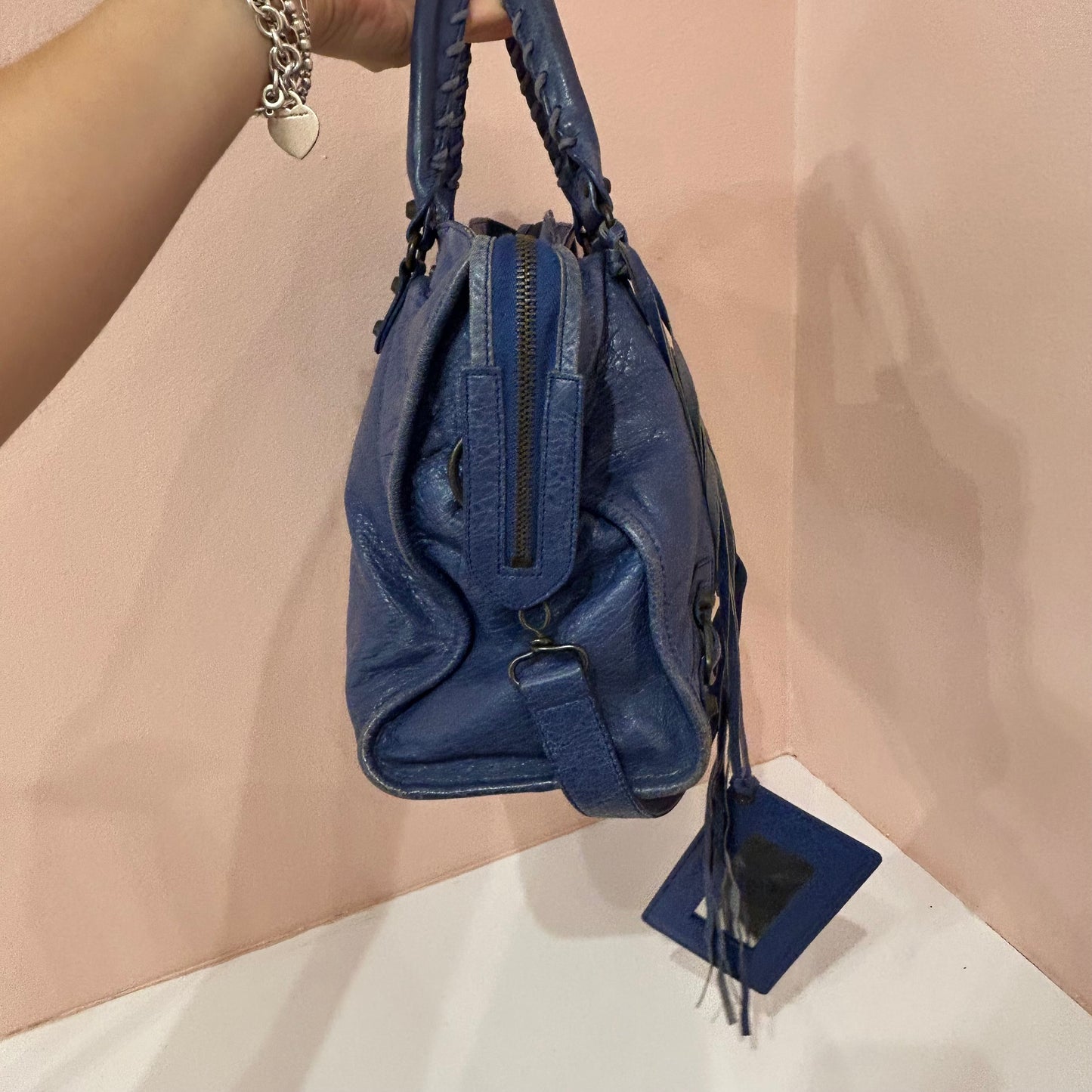 Balenciaga Blue Leather City Bag Brass HW