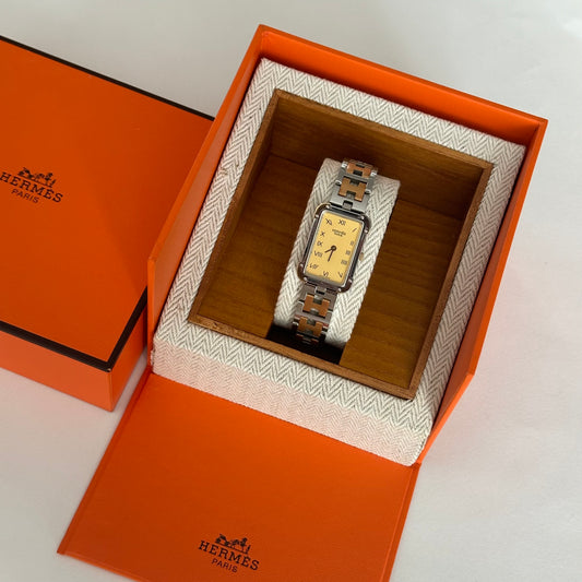 Hermes Croisiere Tank Gold Dial Two Tone Watch w/ Box