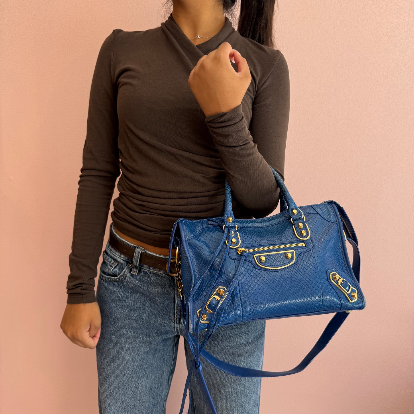 Balenciaga Blue Snakeskin Leather Small City Bag GHW