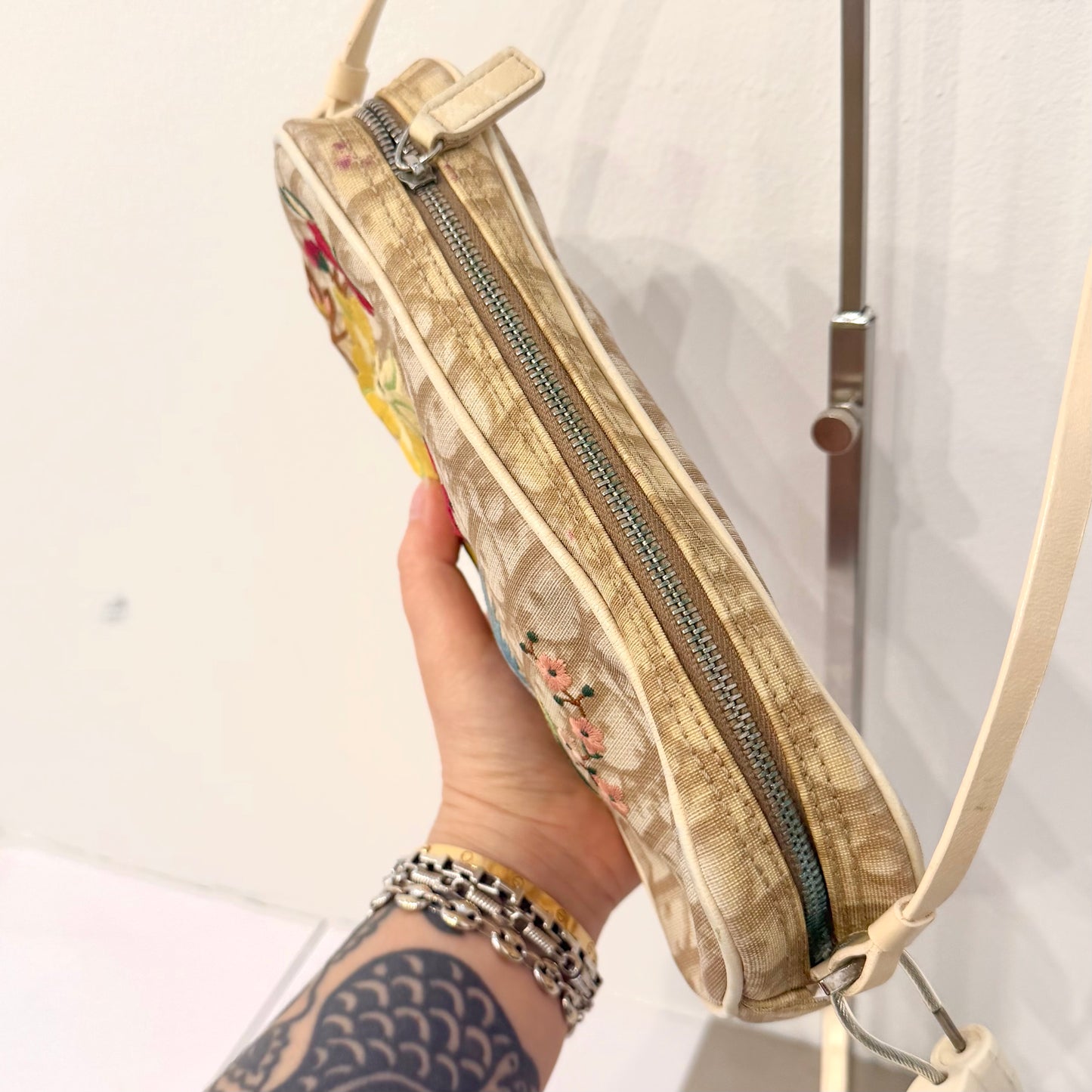 Christian Dior Cream Coated Canvas Floral Embroidered Pochette