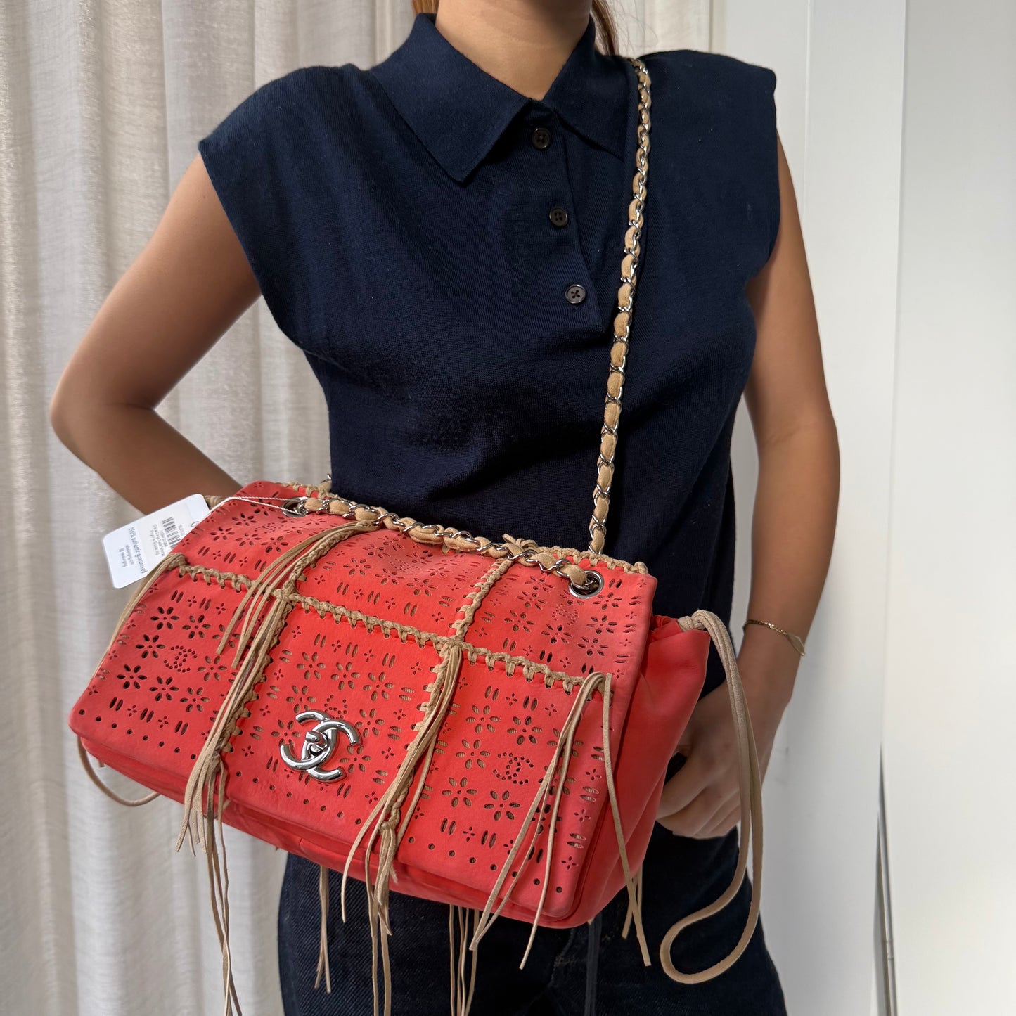 Chanel Orange Suede Perforated Fringe Flap Shoulder Bag