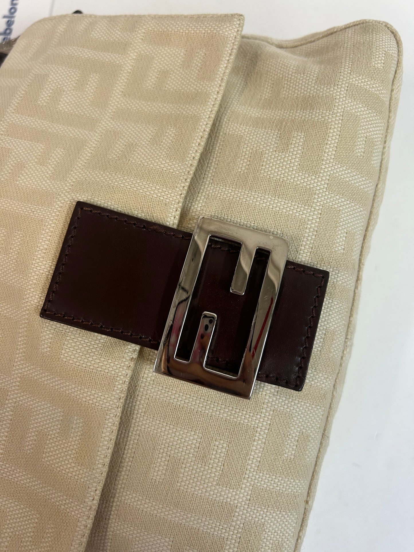 Fendi Ivory & Brown Canvas Leather Zucca Monogram Mamma Bageutte Shoulder Bag