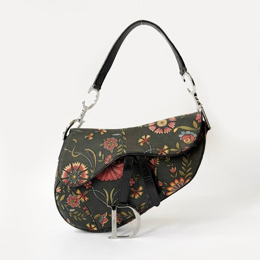 Christian Dior Black Canvas Floral Saddle Bag