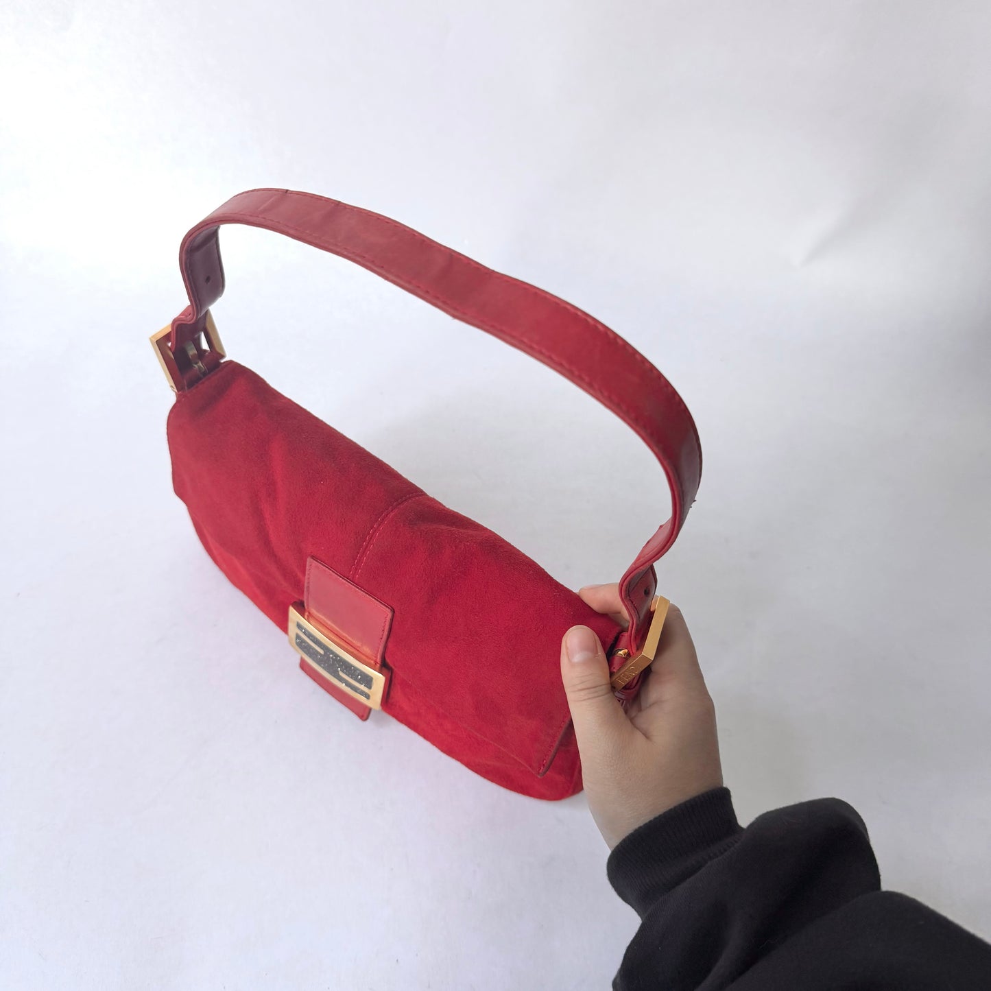 Fendi Red Suede & Leather Baguette Shoulder Bag