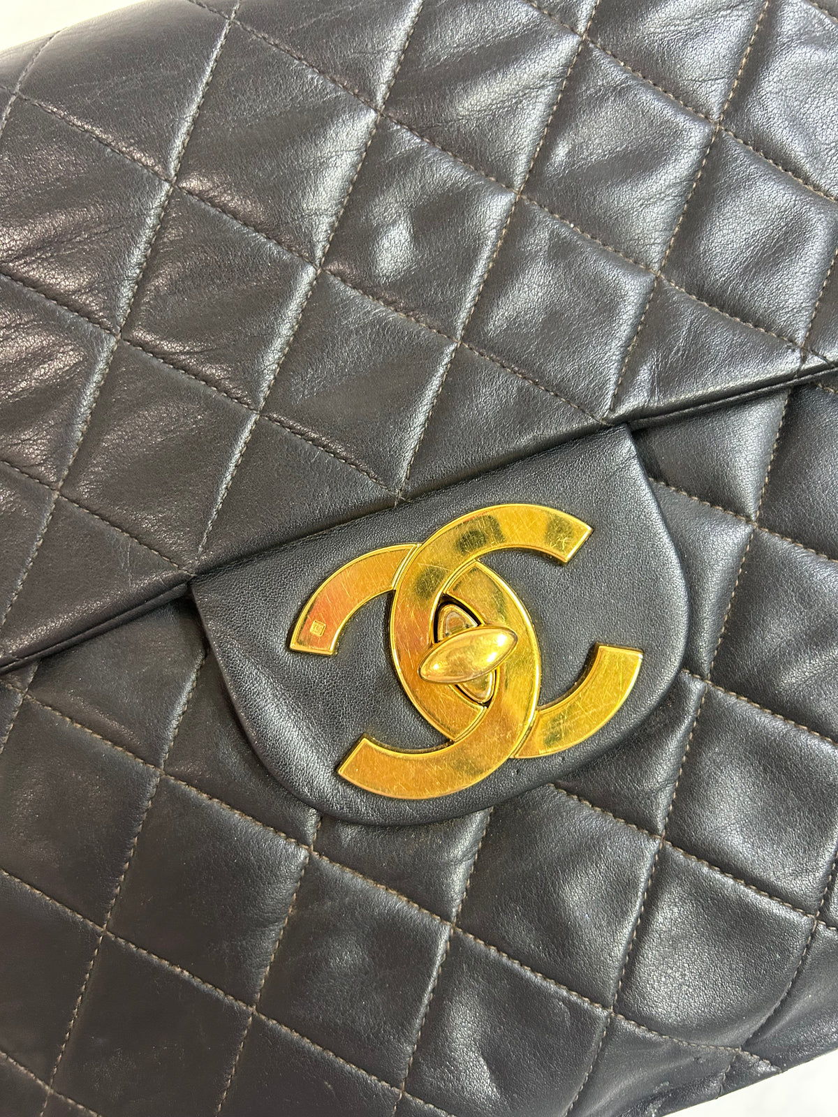 Chanel Black Lambskin Leather Quilted Jumbo Flap Shoulder Bag