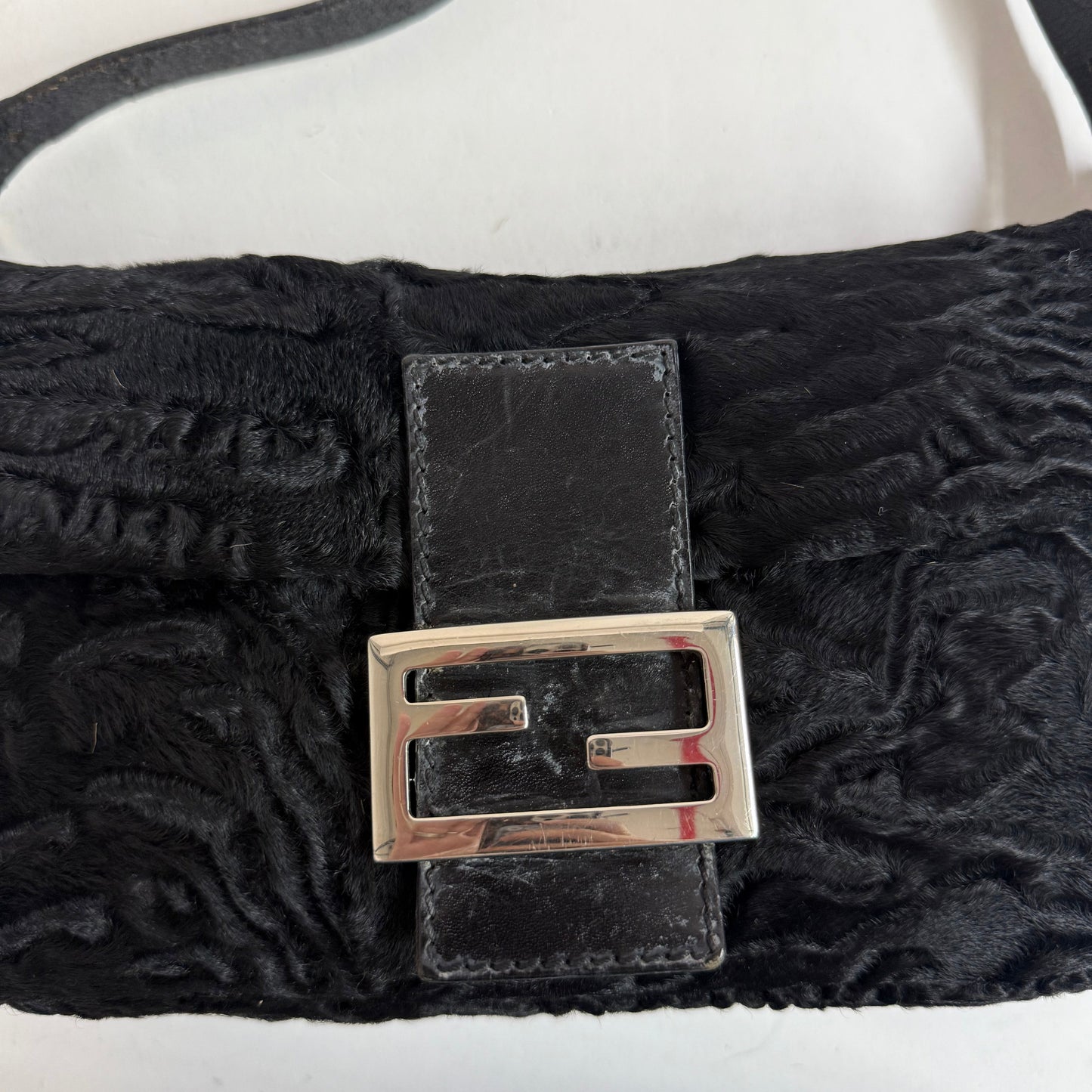 Fendi Black Astrakhan Ponyhair & Leather Baguette Shoulder Bag SHW