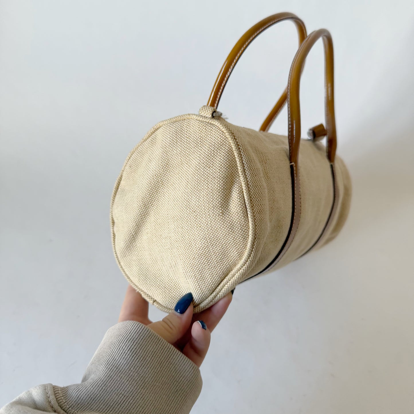 Prada Beige Canvas & Patent Leather Barrel Bag