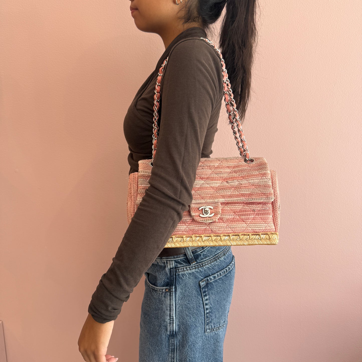 Chanel 2006 Pink Quilted Espadrille Raffia Flap