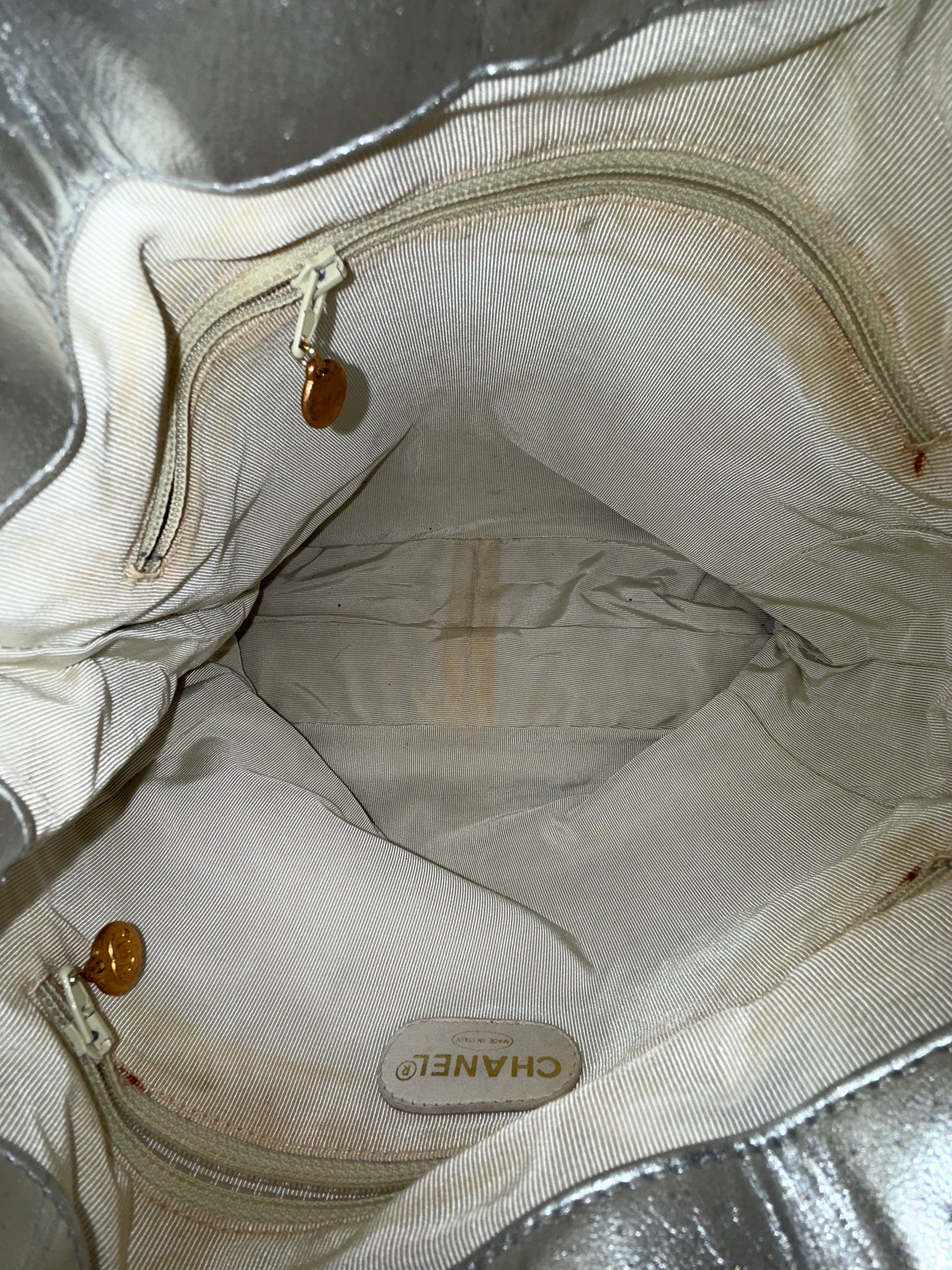Chanel Metallic Silver Lambskin Quilted Drawstring Satchel Tortoiseshell Loop Handle