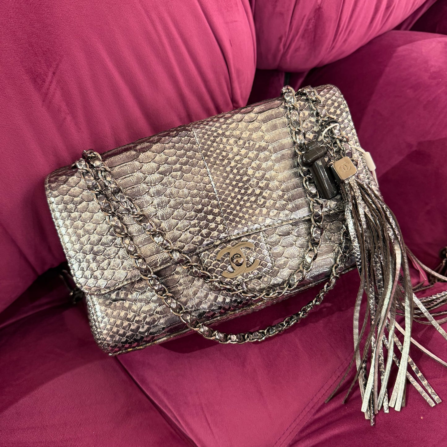 Chanel 2007 Silver Python Soho Tassel Flap Bag