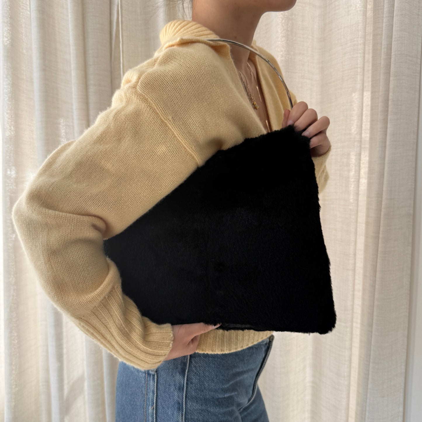 Fendi Black Rabbit Fur Metal Handle Bag