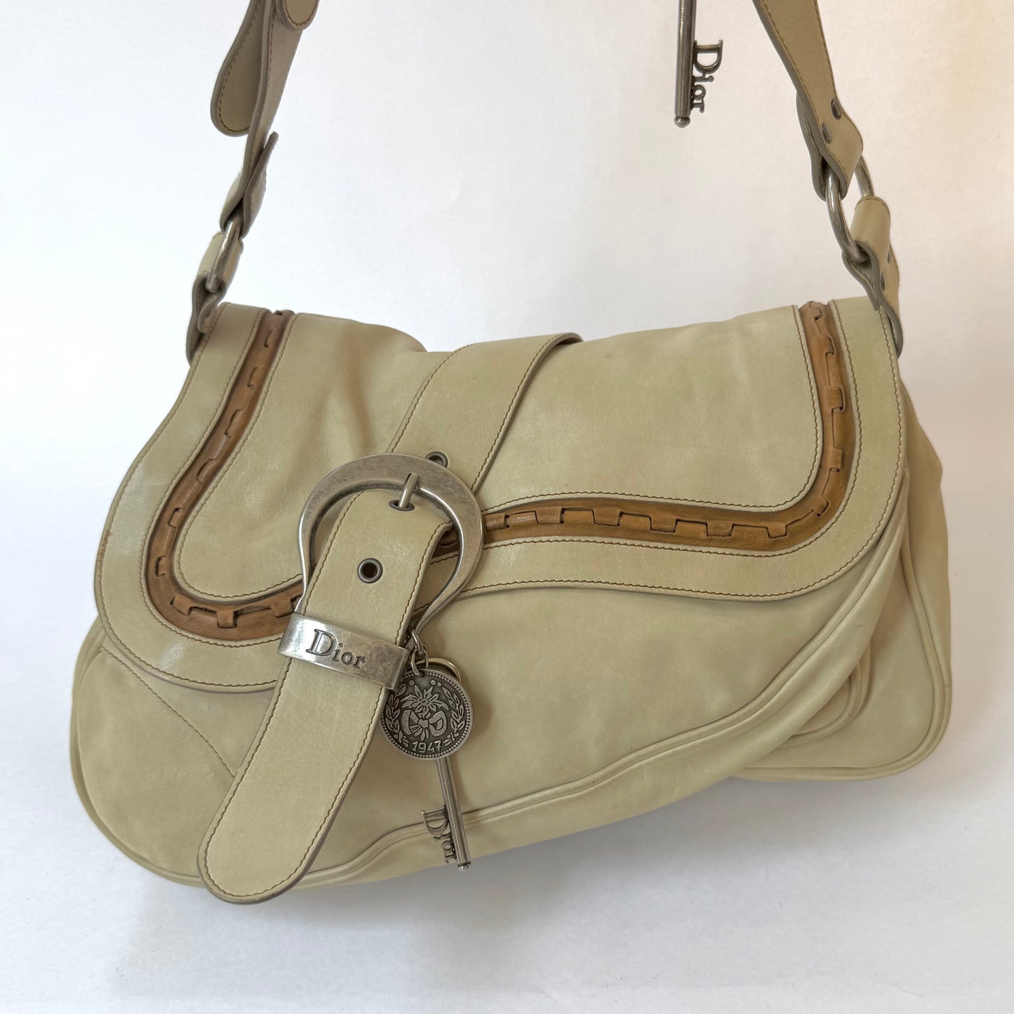 Christian Dior White Gaucho Double Saddle Shoulder Bag