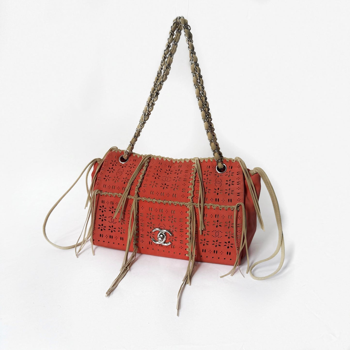 Chanel Orange Suede Perforated Fringe Flap Shoulder Bag