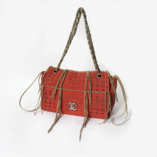 Chanel Orange Suede Perforated Fringe Flap Shoulder Bag