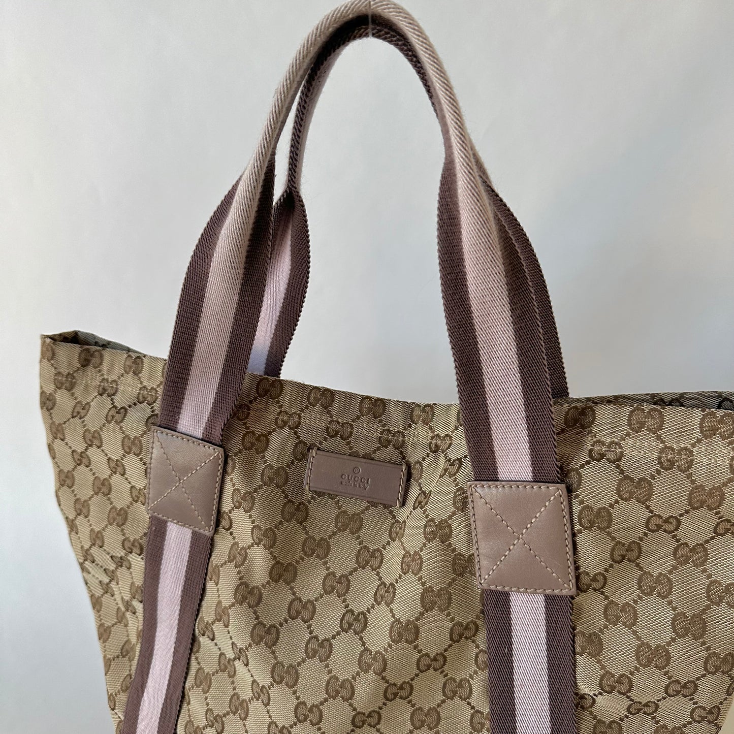 Gucci Brown Monogram Tote W/ Lilac Web Stripe