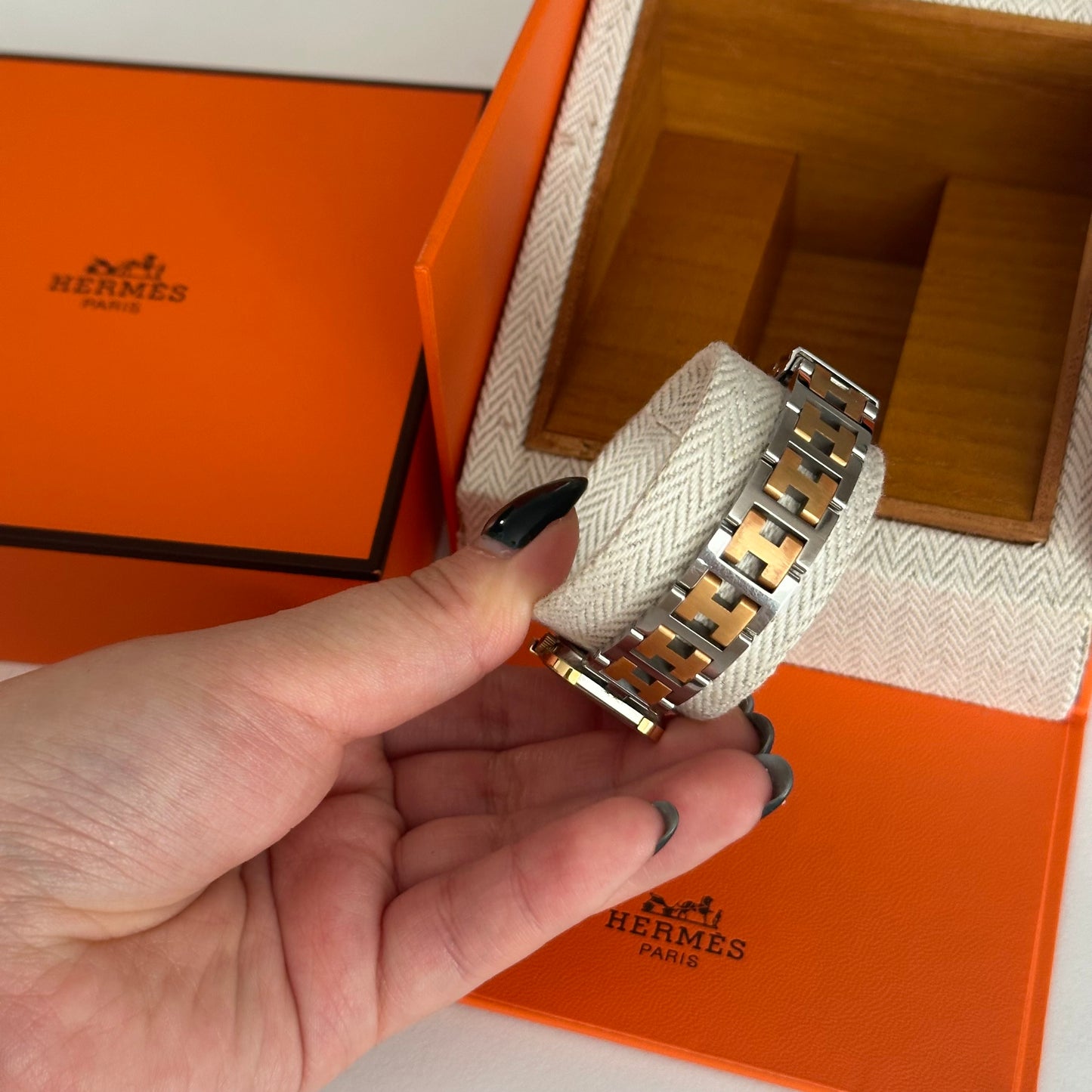 Hermes Croisiere Tank Gold Dial Two Tone Watch w/ Box