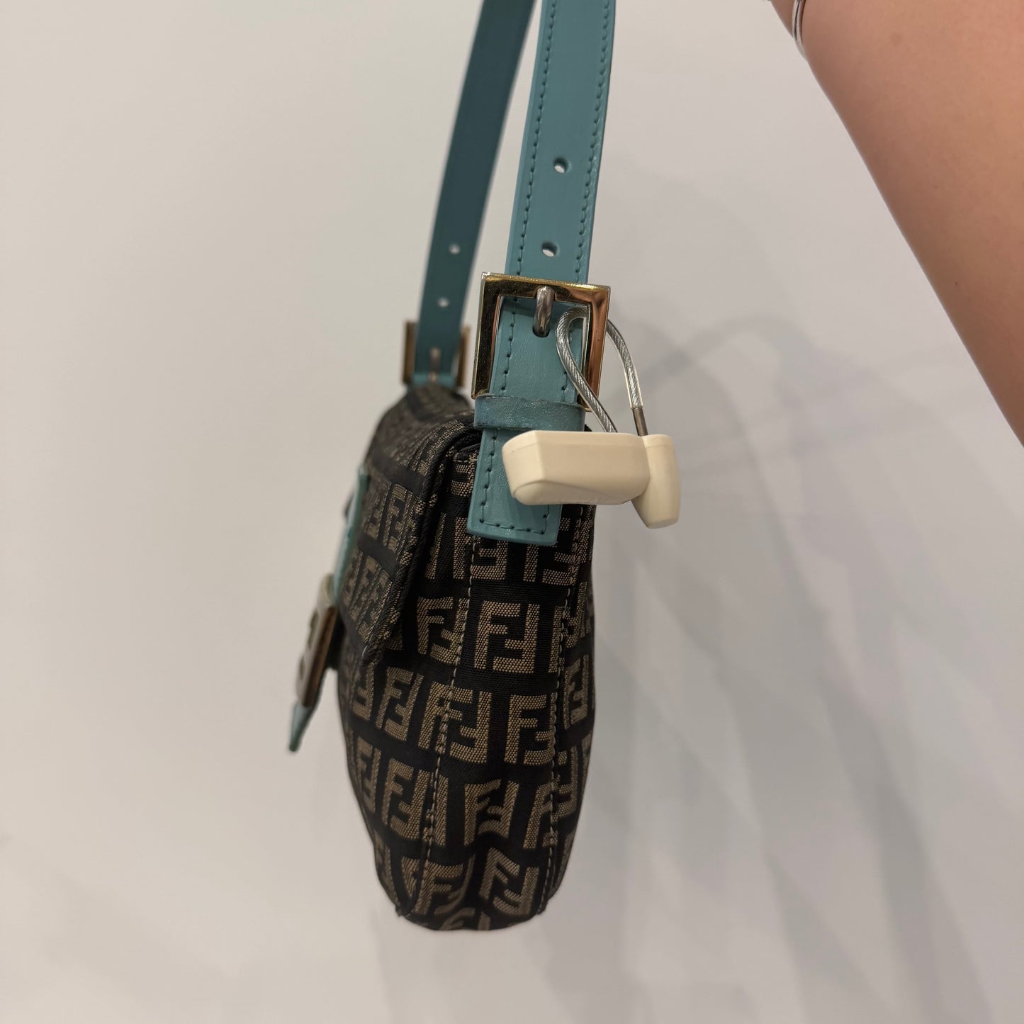 Fendi Black Zucchino Canvas & Teal Leather Baguette Shoulder Bag