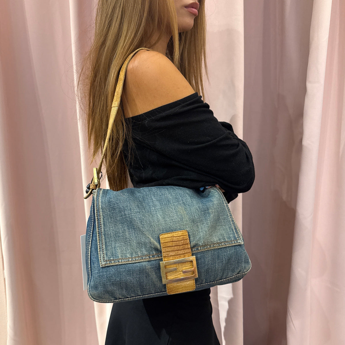 Fendi Denim Mama Baguette w/ Lizard Trim