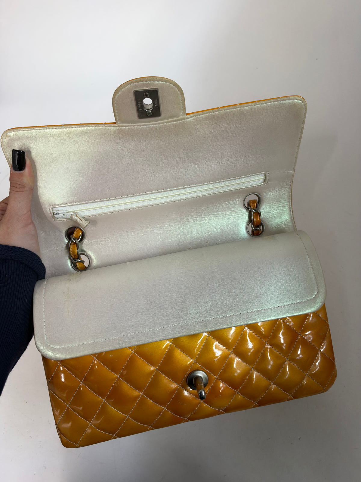 Chanel Orange Patent Leather Quilted Matelasse Double Flap Shoulder Bag