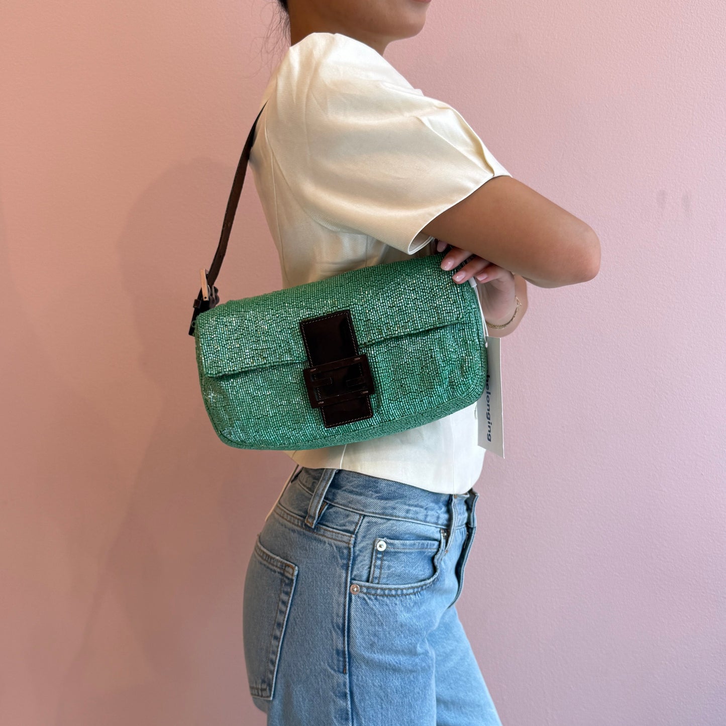 Fendi Green & Brown Beaded & Leather Baguette Shoulder Bag