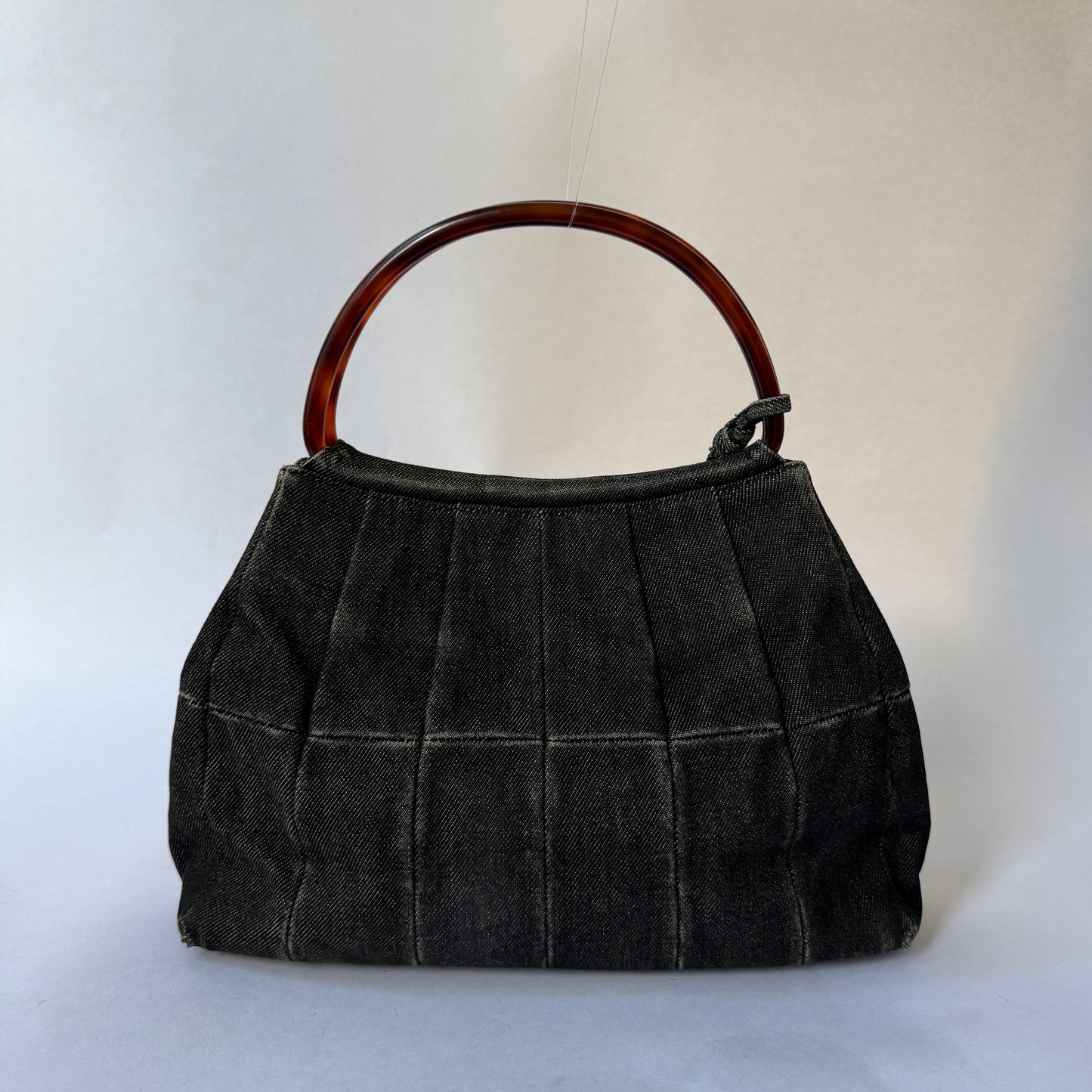 Chanel Black Denim Pleated Tortoise Shell Handle Tote Bag