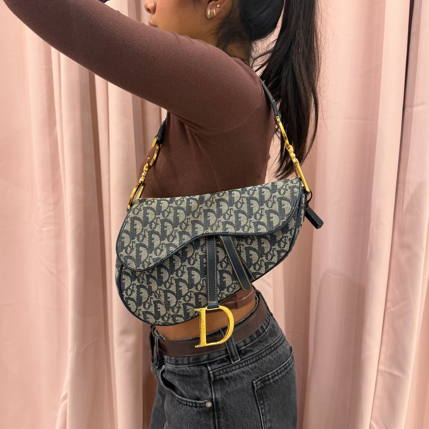 Christian Dior Navy Canvas Trotter Monogram Saddle Shoulder Bag