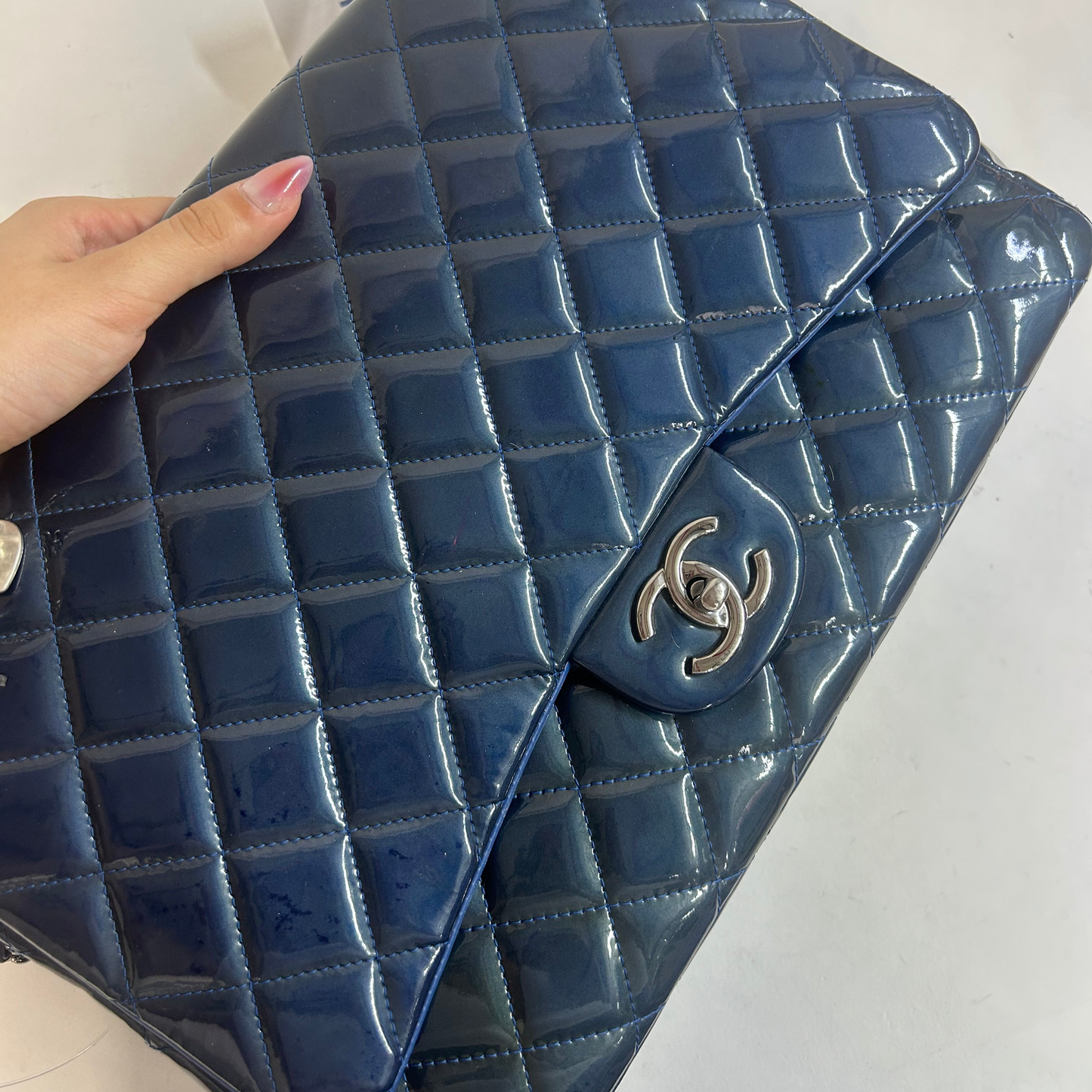 Chanel Patent Leather Blue Jumbo Double Flap Shoulder Bag