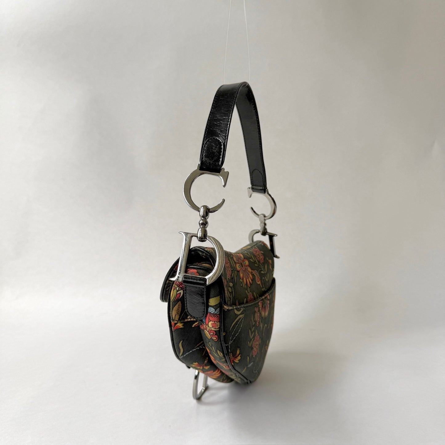 Christian Dior Black Canvas Floral Saddle Bag