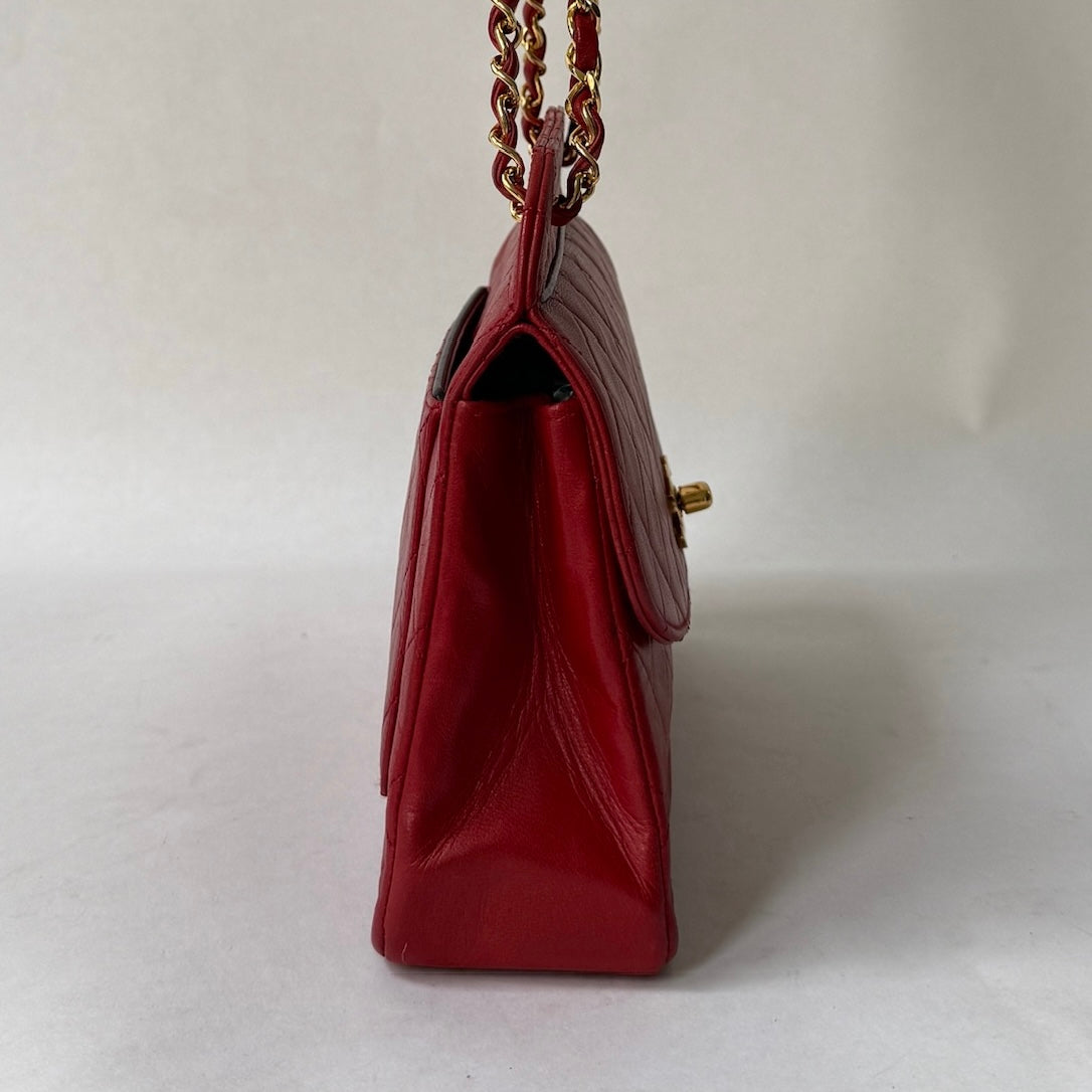 Chanel Red Lambskin Quilted Front Flap Chain Shoulder Bag
