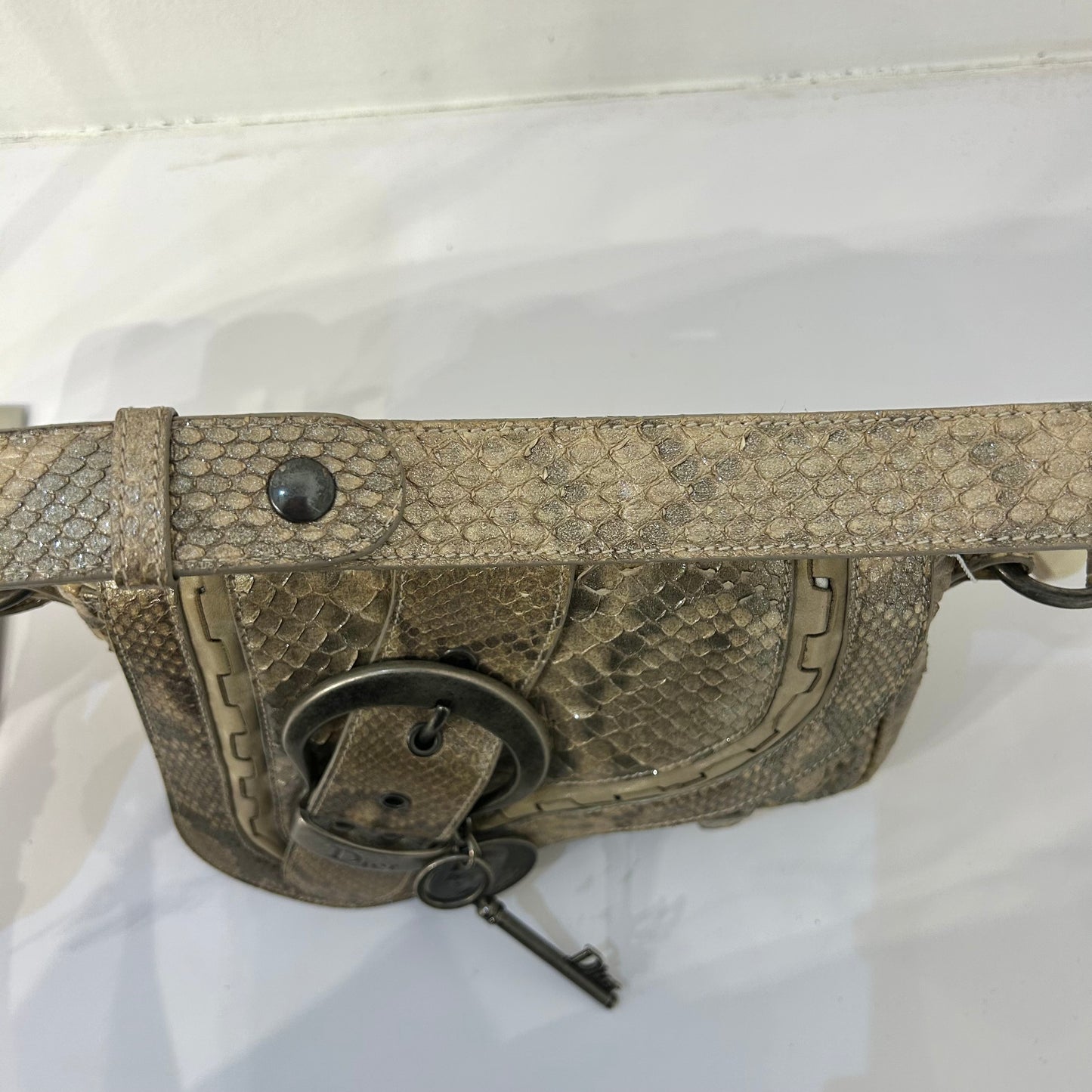 RARE Christian Dior Beige Shimmer Python Leather Mini Gaucho Saddle Bag