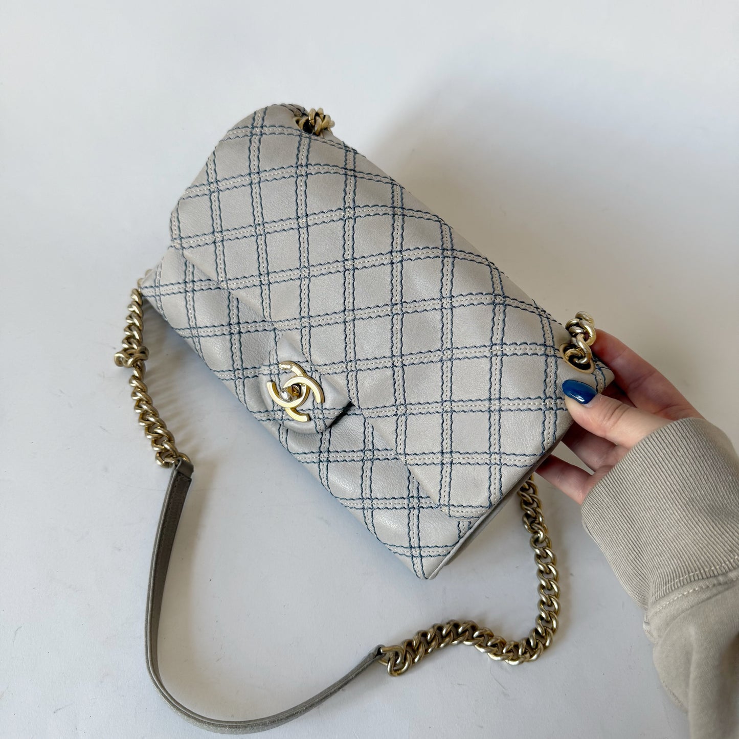 Chanel Pre-Spring 2014 Baby Blue Metallic Stitch Flap Bag