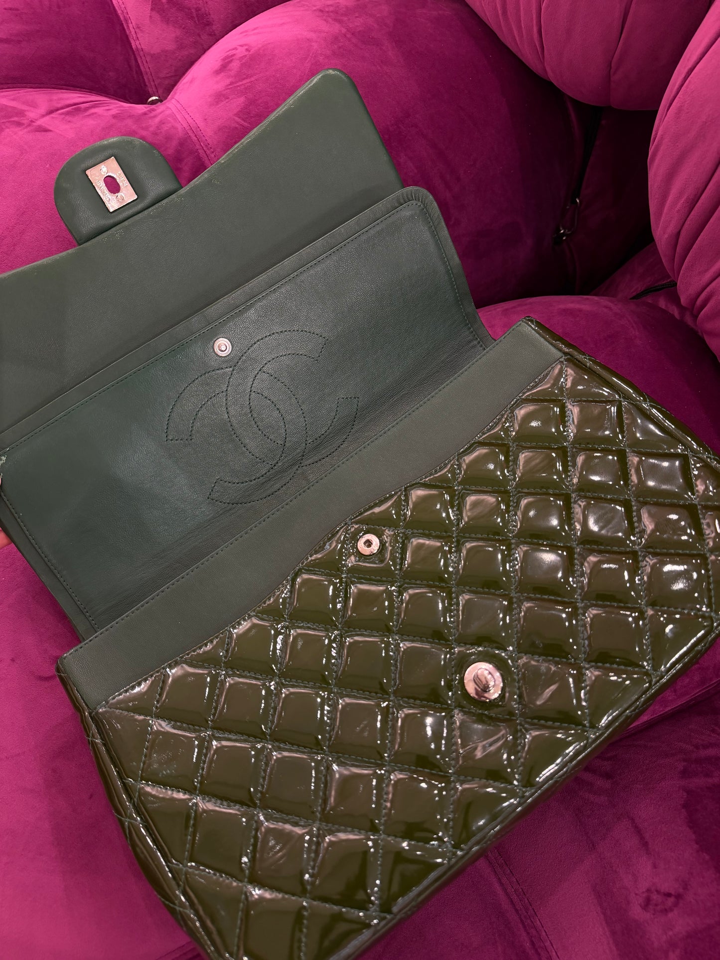 Chanel Green Patent Leather Maxi Classic Double Flap Bag