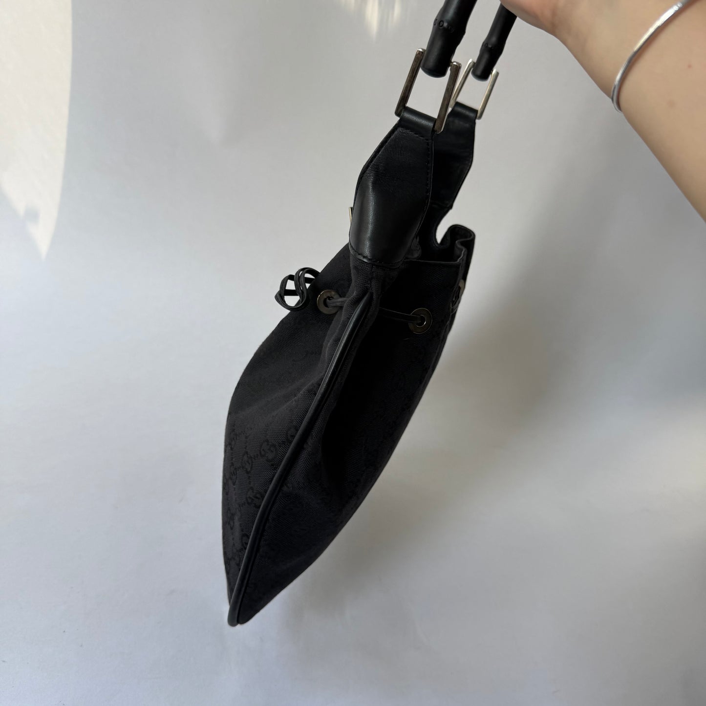 Gucci Black Monogram Bamboo Handle Tote Bag