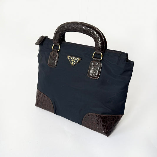 Prada Navy & Brown Nylon & Crocodile Top Handle Bag
