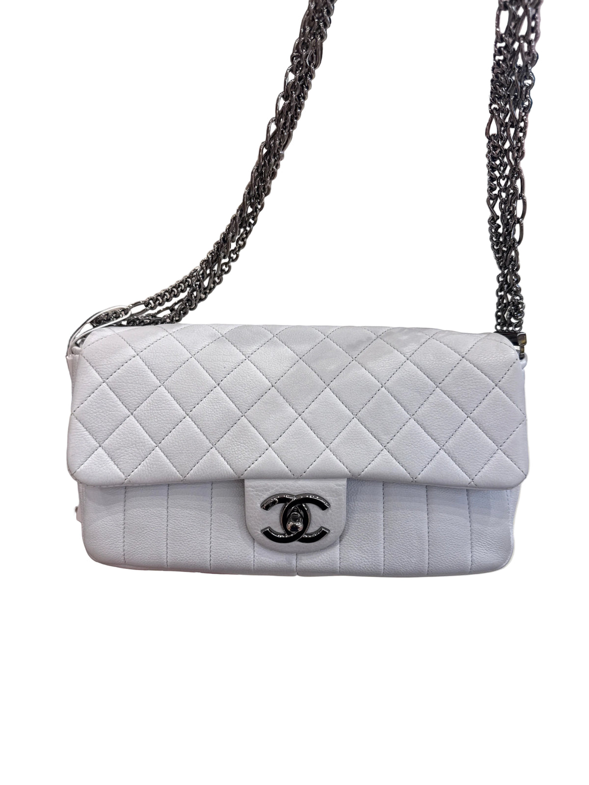 Chanel White Calfskin Leather Quilted Chain Flap
