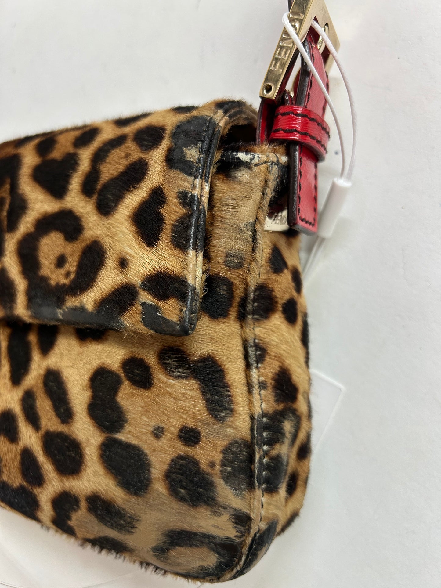 RARE Fendi Brown & Red Ponyhair & Leather Cheetah Printed Baguette Shoulder Bag GHW