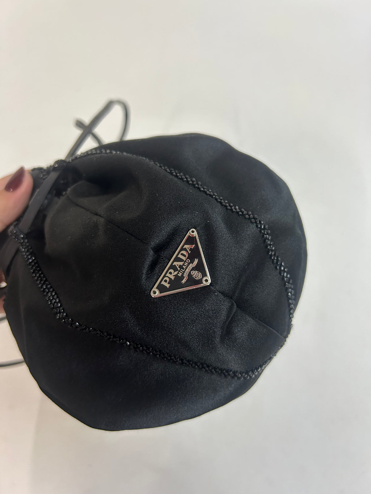 Prada Black Flower Silk Beaded Bucket Bag