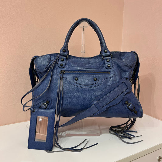 Balenciaga Blue Leather City Bag Brass HW
