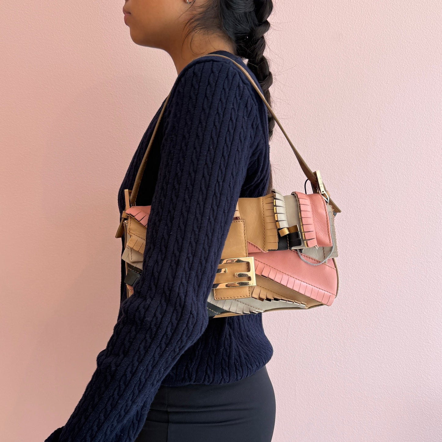Fendi Multicolored Leather Fringe Patchwork Baguette Shoulder Bag