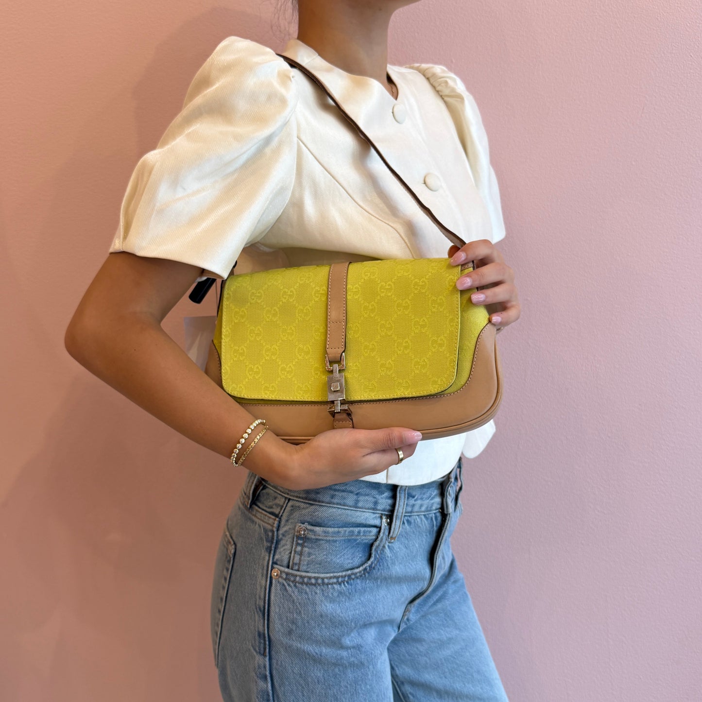Gucci Green & Beige Canvas & Leather Jackie Shoulder Bag