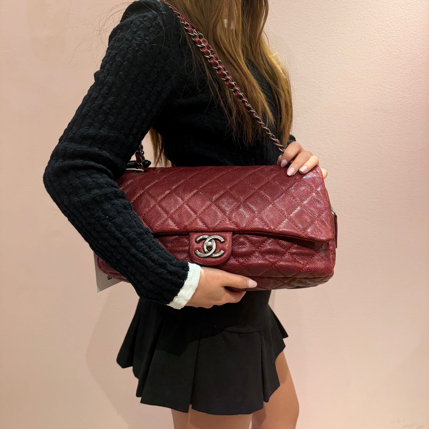 Chanel Red Metallic Leather Camera Easy Flap Bag