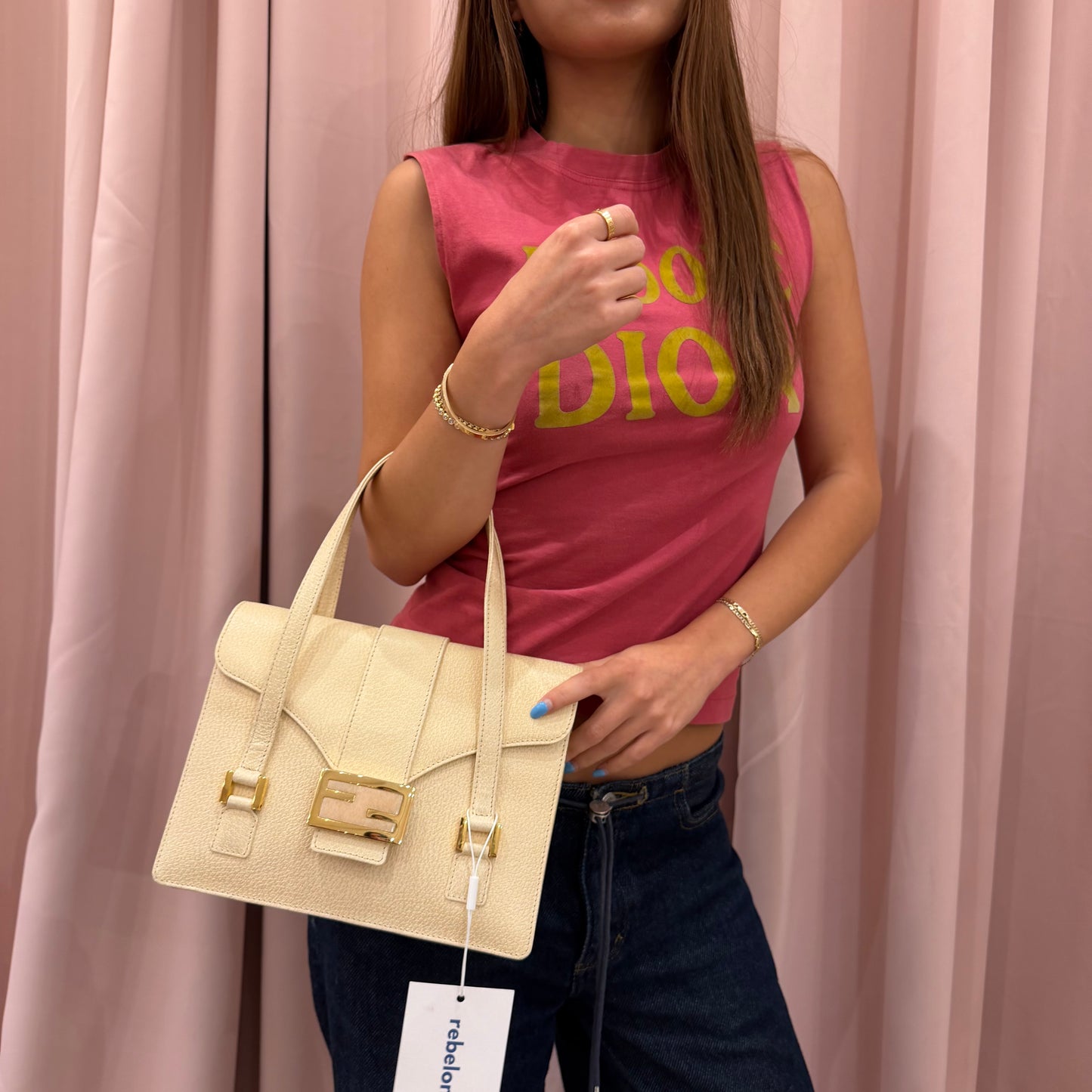 Fendi Beige Stone Hardware Top Handle Bag