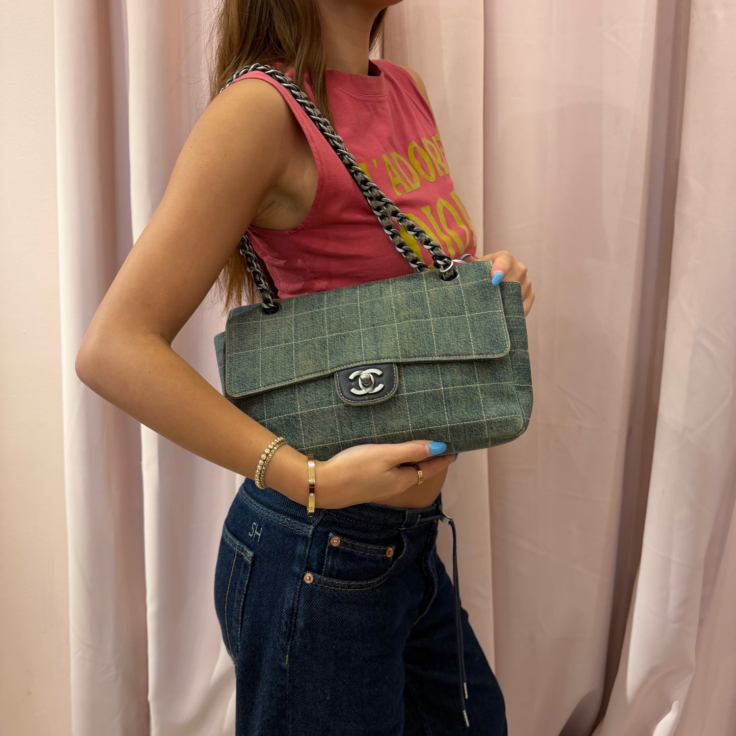 Chanel Denim Chocolate Bar Quilted Flap Shoulder Bag