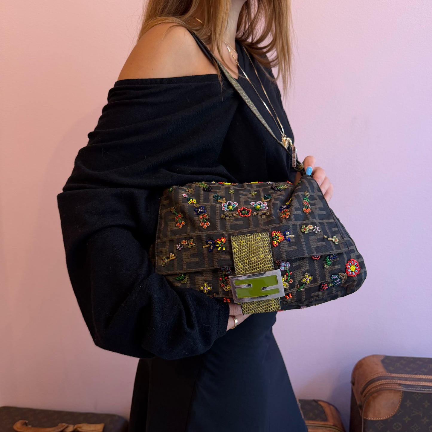 Fendi Zucca Beaded Mama Baguette w/ Green Lizard Trim