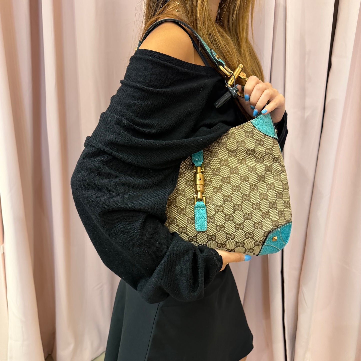 Gucci Brown Teal Canvas & Leather Monogram Jackie Shoulder Bag