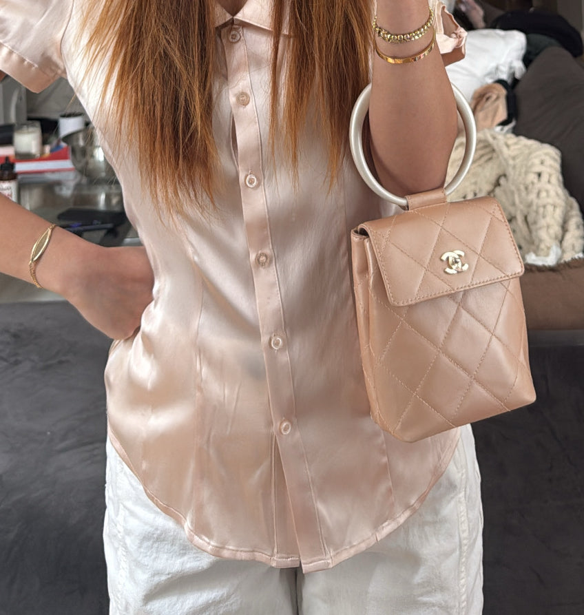 Chanel Pink Lambskin Leather Quilted Ring Top Handle Bag